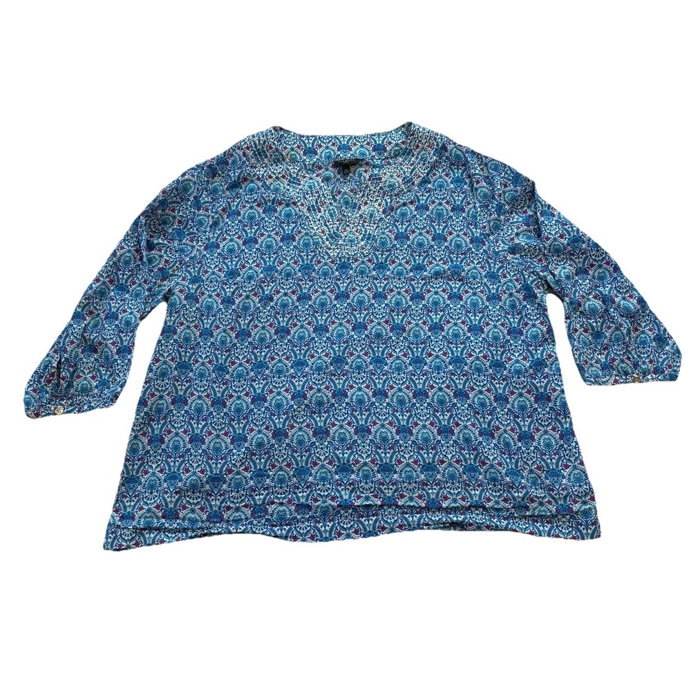 Talbots 100% Cotton Tunic Blouse Women XLp Split Neck Boho Peasant Top‎ Beach